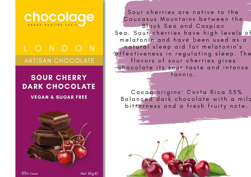 Chocolage Sour Cherry Vegan No Added Sugar Dark Chocolate, 80g