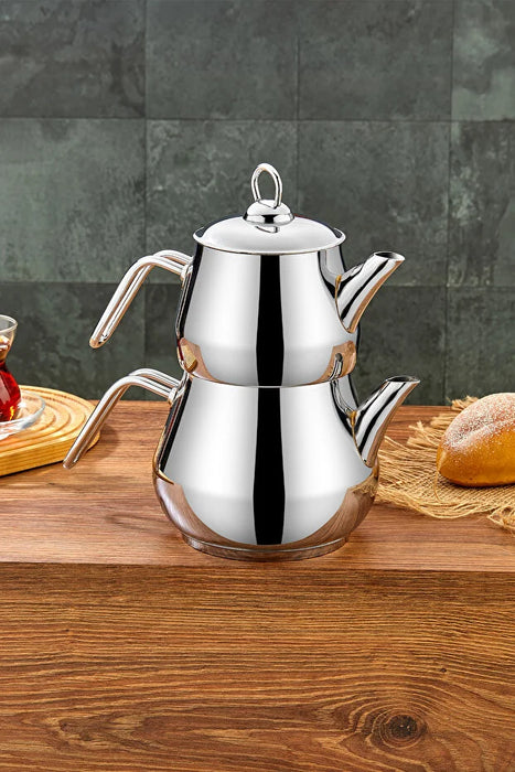 Dolphin Mega Size Stainless Steel Teapot Set with Silver Handle  (Celik Caydanlik Seti Mega Boy Gumus Sapli)