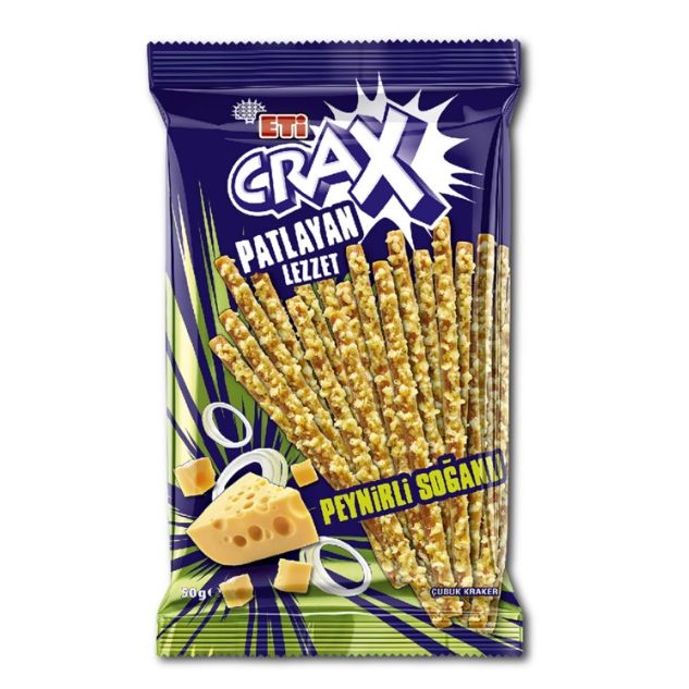 Eti Crax Cheese & Onion Cracker Sticks (Patlayan Lezzet Peynirli Soganli Cubuk Kraker) 50 Gr