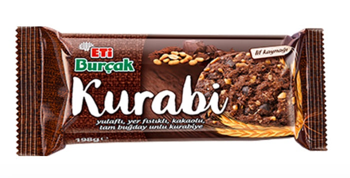 Eti Burcak Kurabi Whole Wheat Biscuits with Oats, Peanuts, and Chocolate (Kakaolu Biskuvit) 198g