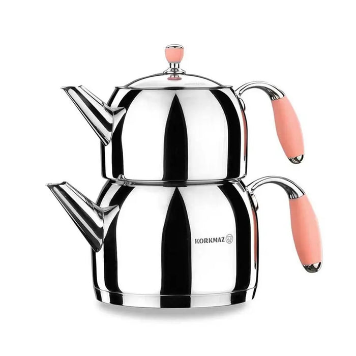 Korkmaz Flora Maxi Stainless Steel Teapot Set Pink - Induction (Caydanlik Seti)