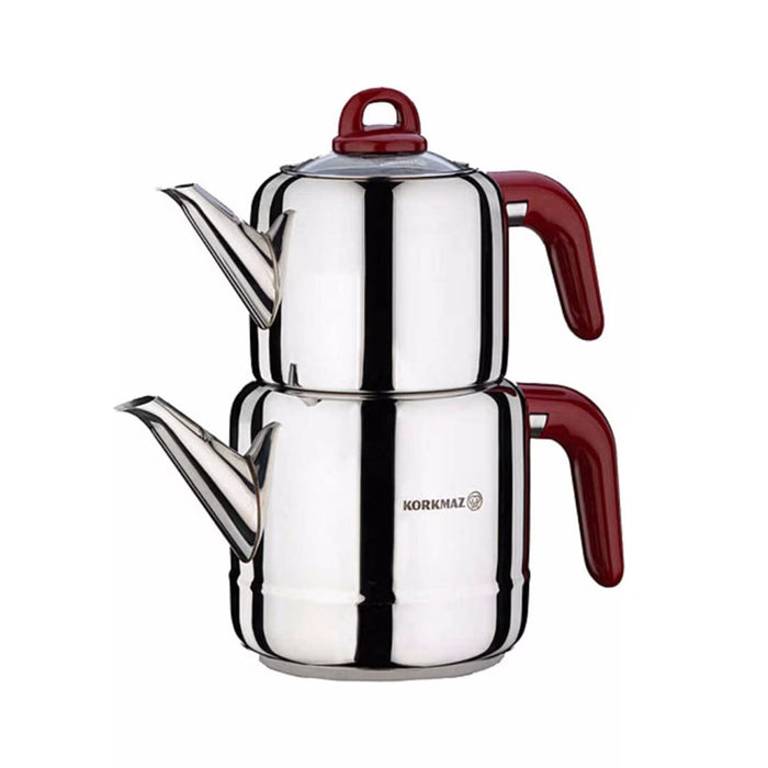 Korkmaz Hera Red Stainless Steel Teapot Set - Induction (Caydanlik Seti)