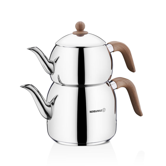 Korkmaz Retro Stainless Steel Teapot Set Maxi Wooden - Induction (Caydanlik Seti)