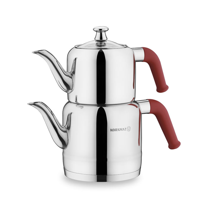 Korkmaz Riva Stainless Steel Teapot Set Red - Induction (Caydanlik Seti)