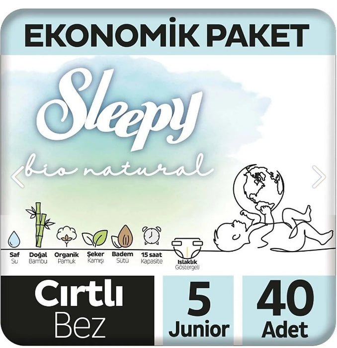 Sleepy Bio Natural Baby Velcro Diaper Junior / 11-18 Kg (Cirtli Bebek Bezi) 40 Pcs