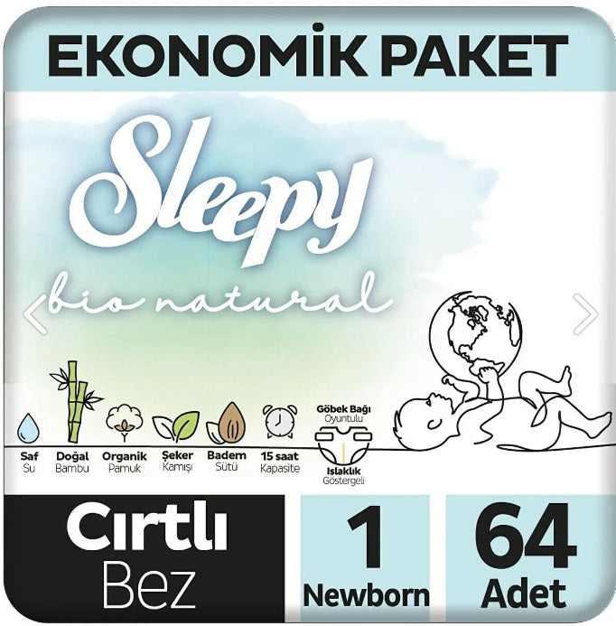Sleepy Bio Natural Baby Velcro Diaper New Born / 2-5 Kg (Yeni Dogan Cirtli Bebek Bezi) 64 Pcs