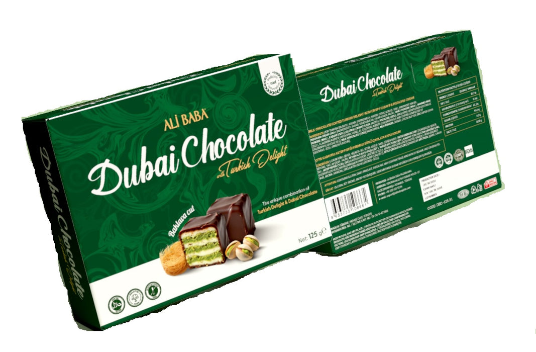 Ali Baba Turkish Pistachio Delight Coated with Milky Chocolate (Dubai Chocolate Lokum) 125 g