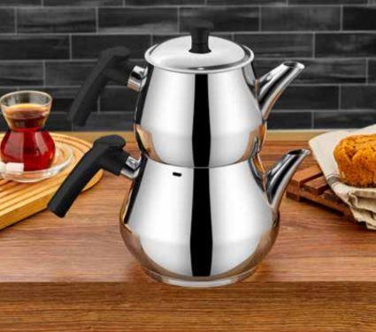 Dolphin Mini Size Stainless Steel Teapot Set with Black Handle  (Celik Caydanlik Seti Mini Boy Siyah Sapli)