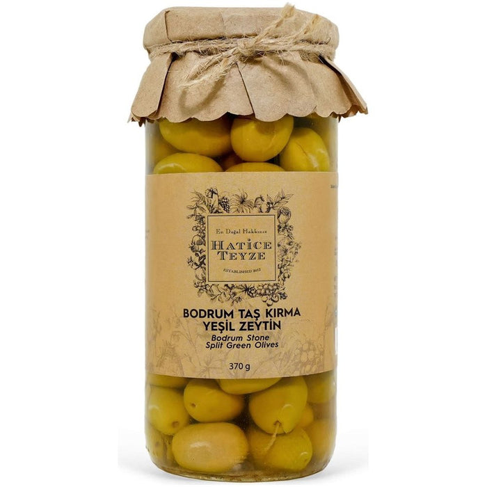 Hatice Teyze Bodrum Stone Split Green Olives (Bodrum Taş Kırma Yeşil Zeytin) 420 Gr