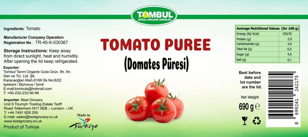 Tombul Natural Homemade Tomato Puree (Ev Yapimi Domates Puresi) 690 g